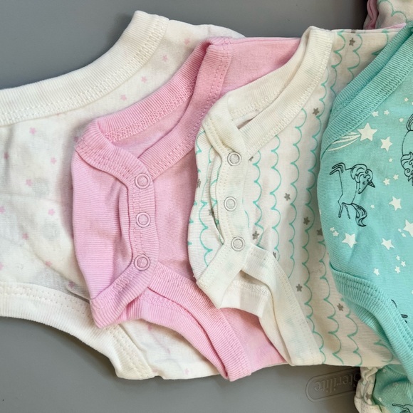 6-9m Rene Rofe Baby Onesies shirt Set of 5 pastel pink aqua unicorn  100% cotton - Picture 2 of 10